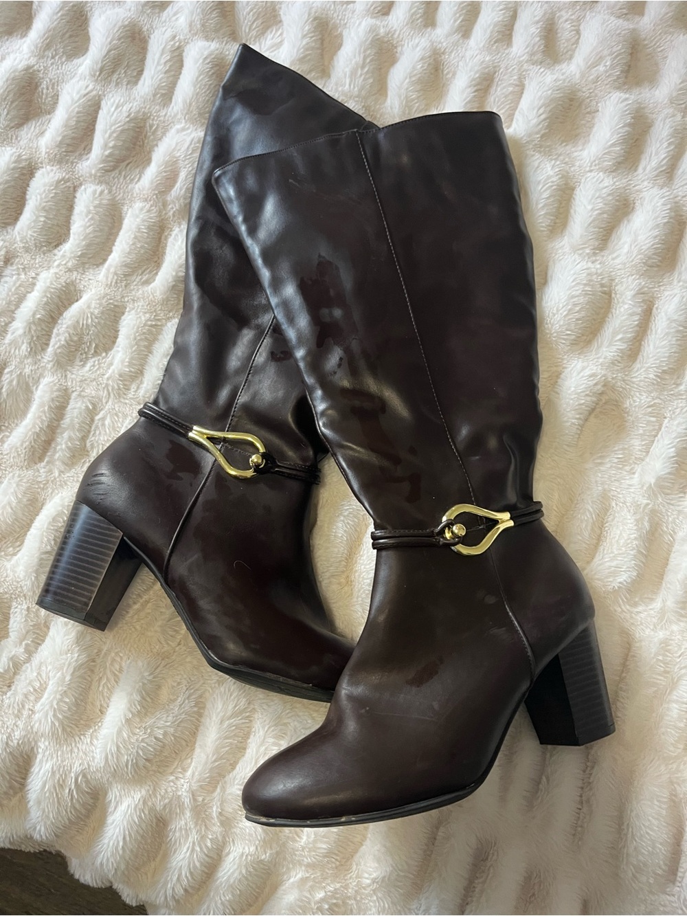 dexflex comfort Dark Brown Leather Mid-Calf Heeled Boots with Gold Accent